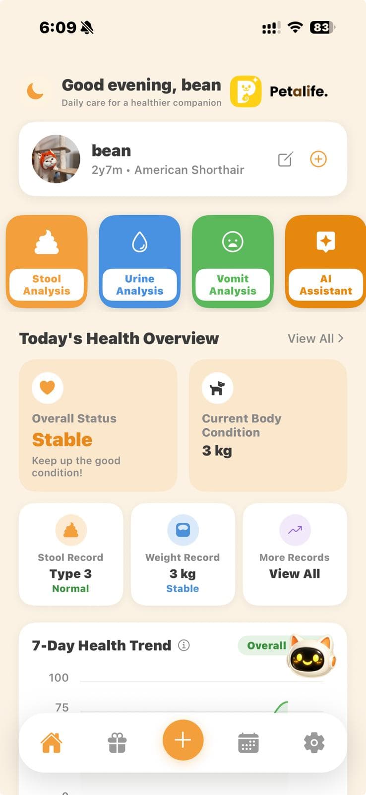 Petalife app home screen with Stool, Urine, Vomit Analysis and AI Assistant shortcuts plus today's health overview